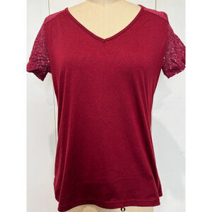 Women's MISS SPARKLING stretch knit v-neck Red/wine Short lace Sleeve Tee S